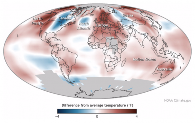 Diferença entre a temperatura média (°F) Fonte: Relatório do Estado do Clima 2014