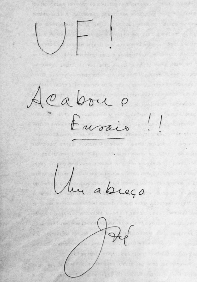 Página enviada por José Saramago aos amigos mais próximos, na tarde de 8 de agosto de 1995, anunciando que tinha acabado de escrever "Ensaio sobre a Cegueira". (Imagem: Divulgação Fundação José Saramago) 